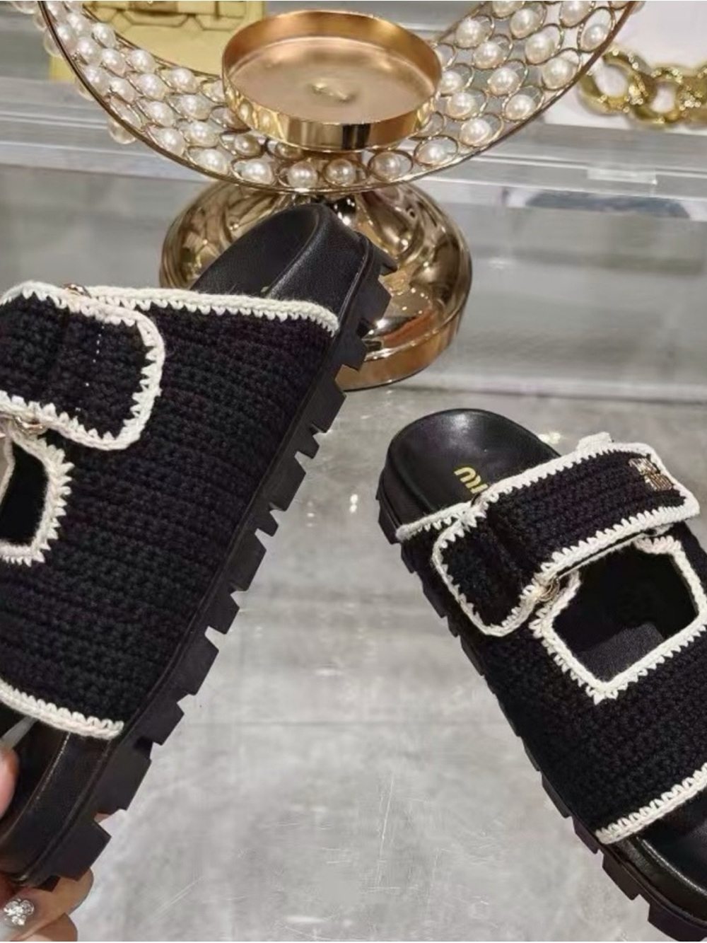 Miu Miu Black Crochet Slide Mules with White Trim